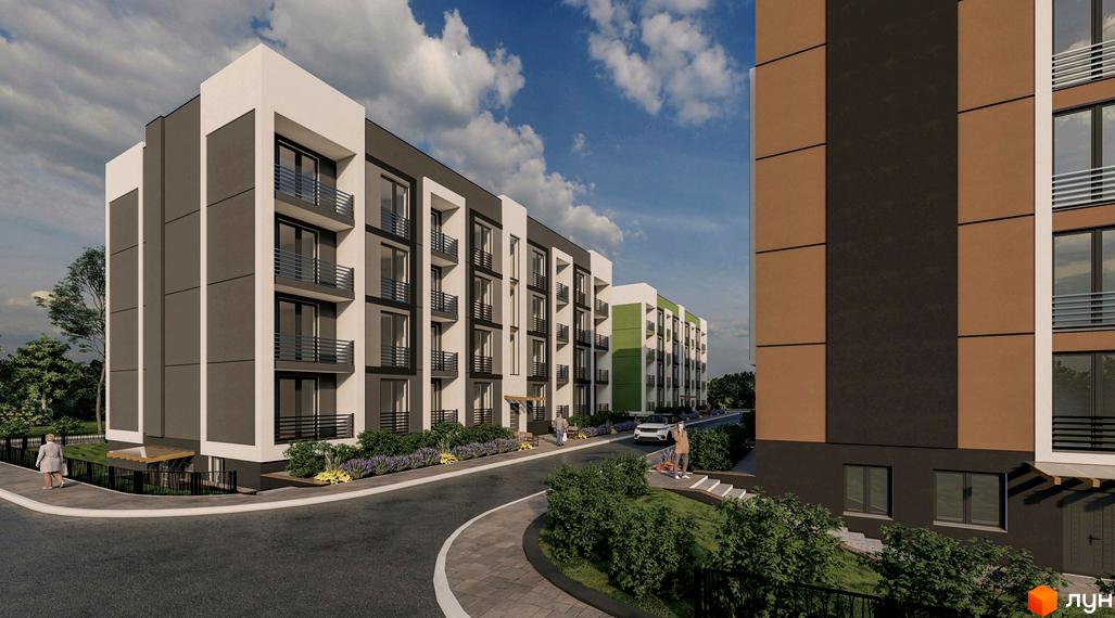 Зовнішній вигляд новобудови ЖК Brickwood 2 з балконами та вікнами, а також прибудинкова територія з дорогою та зеленими насадженнями.