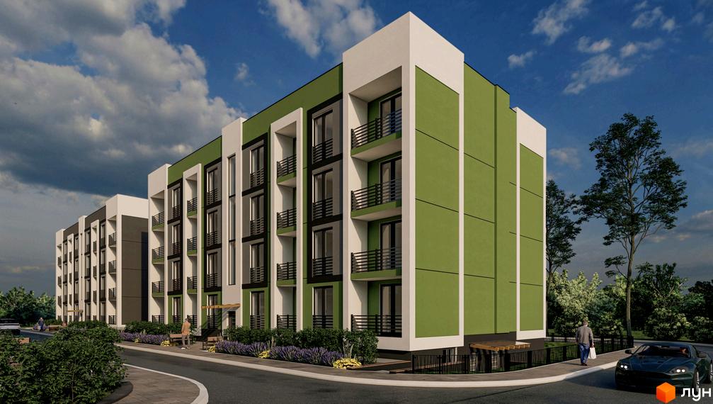 Житловий комплекс Brickwood 2: фасади будівель у зелених та білих тонах, балкони з чорними перилами, зелені насадження та доріжка біля будинку.