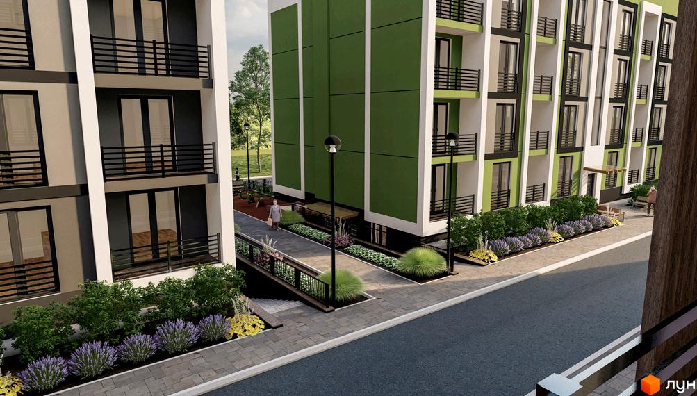 Зовнішній вигляд новобудови ЖК Brickwood 2 із зеленими фасадами та балконами, прибудинкова територія з ландшафтним дизайном та пішохідними доріжками.