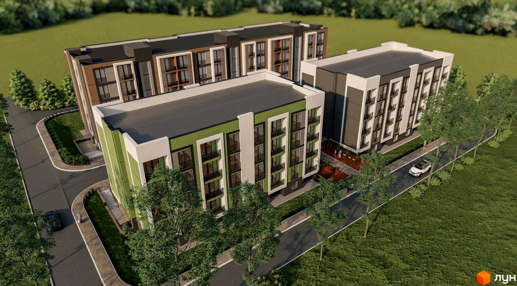 Зовнішній вигляд житлового комплексу Brickwood 2 з зеленими та коричневими фасадами, балконами та прибудинковою територією з деревами та дорогою.