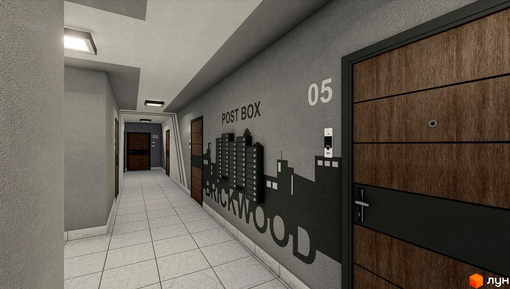 Вхідна група житлового комплексу Brickwood 2 з дверима та поштовими скриньками на стіні. Сучасний дизайн коридору з плиткою на підлозі та декоративним оздобленням стін.