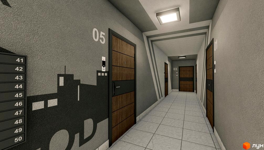 Коридор новобудови ЖК Brickwood 2 з дверима та номерами квартир. Оздоблення стін та підлоги у сірих тонах.