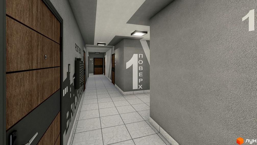 Комплекс Brickwood 2: сучасний коридор з дверима та номерними знаками поверхів. Оздоблення стін та підлоги створює затишну атмосферу.