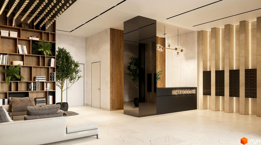 Лобі житлового комплексу Метрополіс з дизайнерським ремонтом, зоною відпочинку та ресепшн. Сучасний інтер'єр новобудови з елементами дерева та дзеркал.