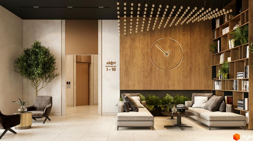 Інтер'єр лобі житлового комплексу Метрополіс з диванами, деревом та великим годинником на стіні. Сучасний дизайн та зручні зони відпочинку.