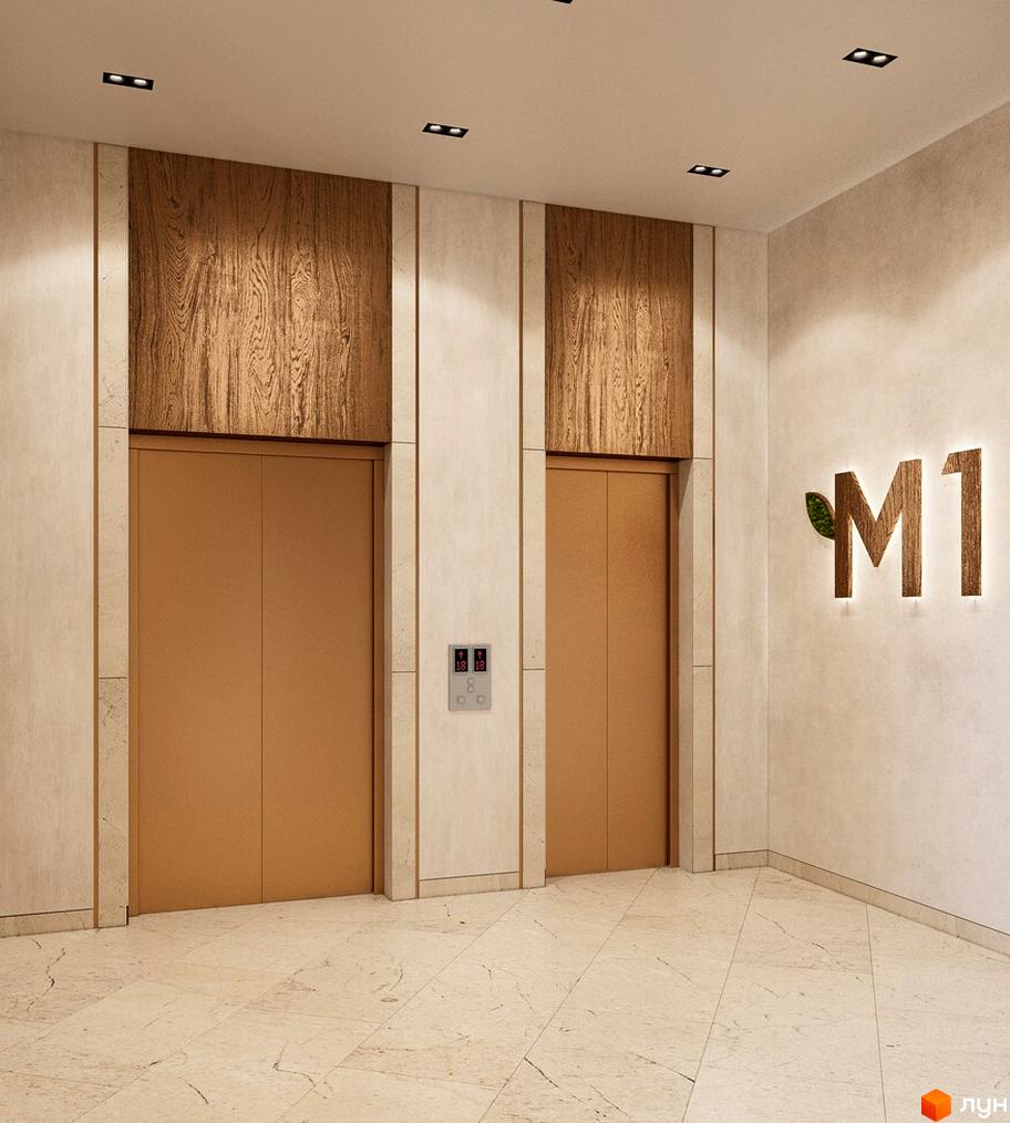 Сучасний дизайн холу з двома дверима ліфта, оздобленими дерев'яними панелями та мармуровою плиткою. На стіні розташований логотип 