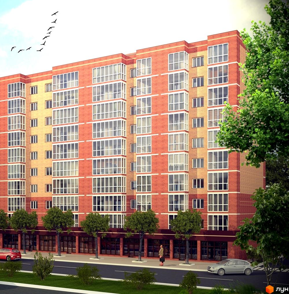 Зображення фасаду житлового будинку в ЖК Шевченківський. На передньому плані вулиця з тротуаром, деревами та припаркованими автомобілями.