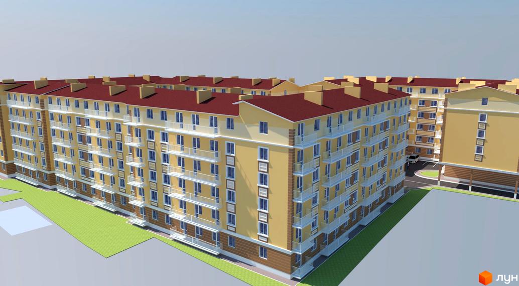 Зовнішній вигляд житлового комплексу Новий Люстдорф: жовті багатоповерхові будинки з червоними дахами та численними балконами. На прибудинковій території зелений газон та дорога.