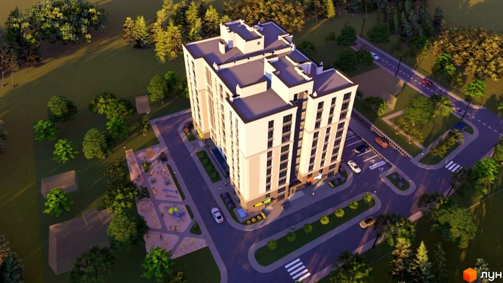 Зовнішній вигляд житлового комплексу Атмосфера з багаторівневою архітектурою та великою кількістю вікон. На прибудинковій території розташовані дитячі майданчики та зелені зони.