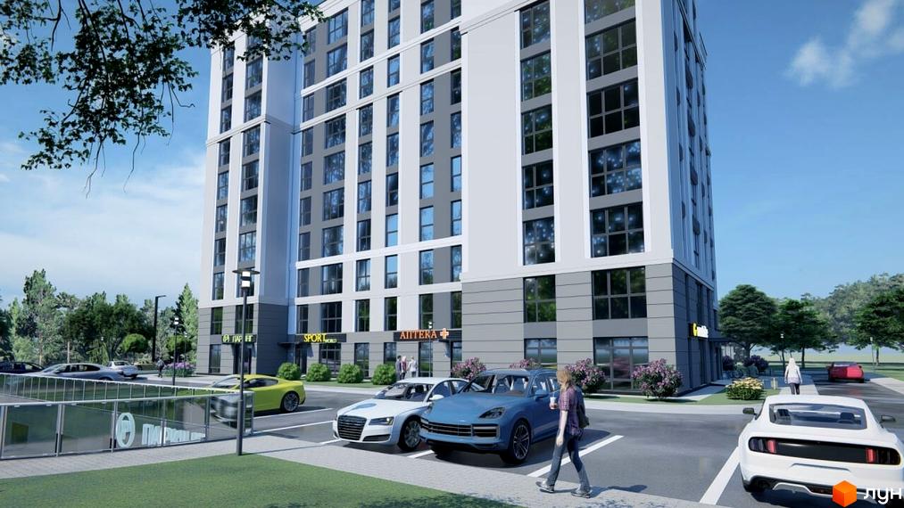 Житловий комплекс Атмосфера. Багатоповерховий будинок з сірими та білими фасадами, великими вікнами, розташований біля парковки з автомобілями та зеленої зони.