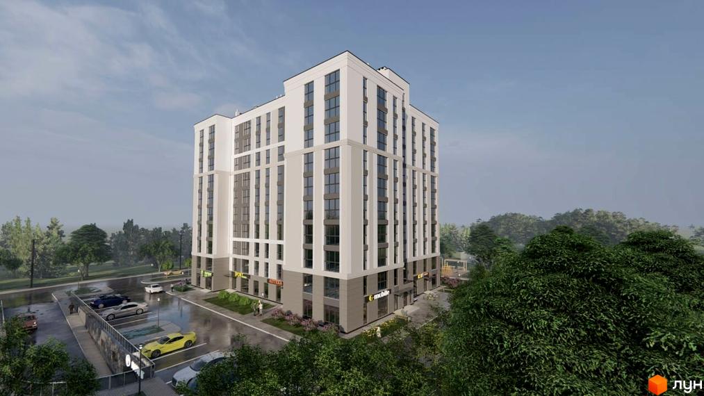 Новобудова ЖК Атмосфера з сірими та білими фасадами, великими вікнами, розташована біля парковки з автомобілями та зелених насаджень.