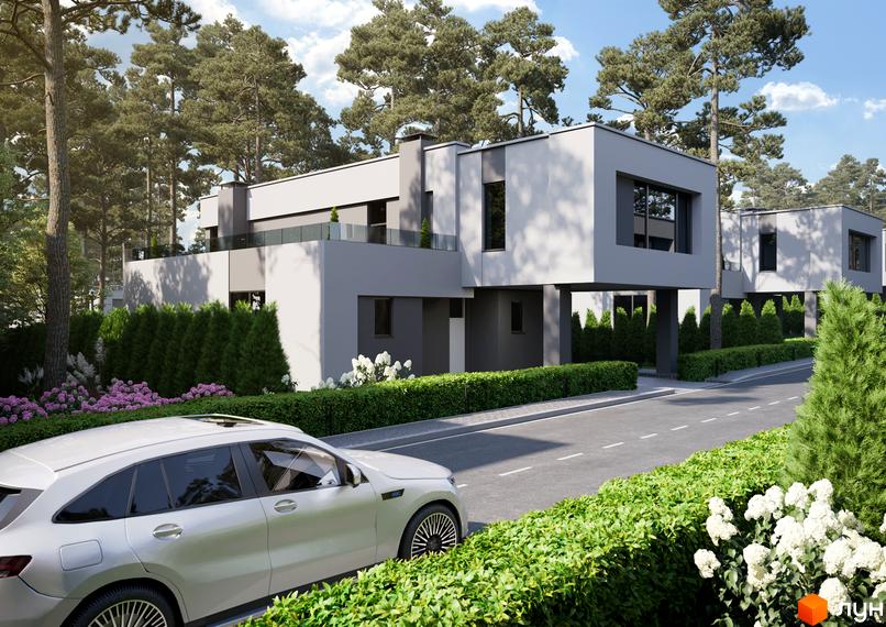 Котеджне містечко Inwood з сірими фасадами та великими вікнами, оточене зеленими деревами та кущами. Поруч розташована дорога та білий автомобіль.