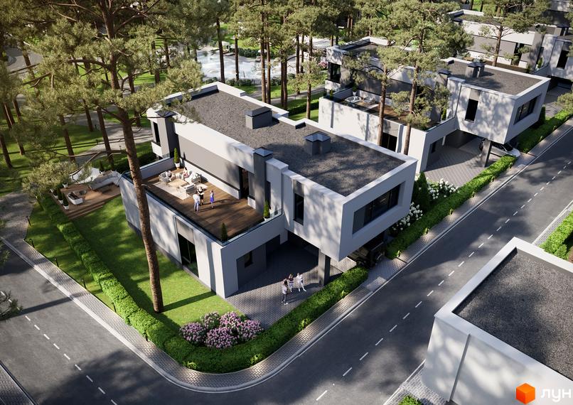 Котеджне містечко Inwood: триповерхові будинки з пласкими дахами та великими вікнами, оточені соснами та доглянутими газонами. На території є тераси та зони відпочинку.