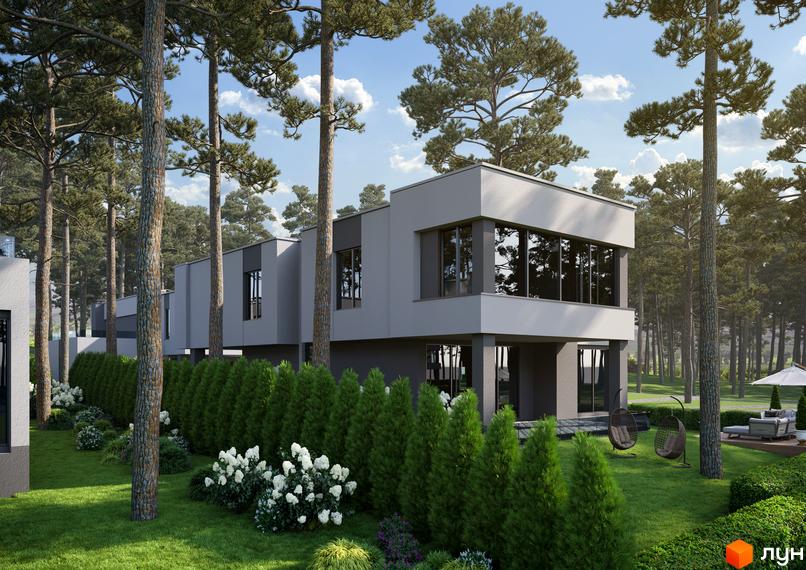 Котеджне містечко Inwood: двоповерховий будинок з великими вікнами та зеленою прибудинковою територією з деревами та кріслами-гойдалками.