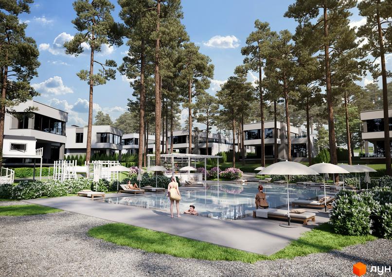 Котеджне містечко КМ Inwood: сучасні будинки з панорамними вікнами та басейном з шезлонгами біля них.