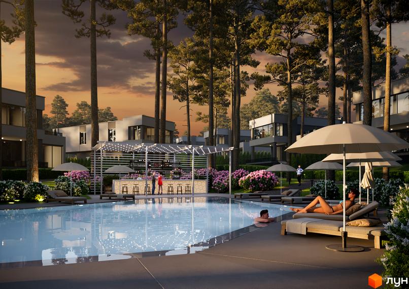 Котеджне містечко Inwood: сучасні будинки з панорамними вікнами та простора зона відпочинку з басейном і баром.