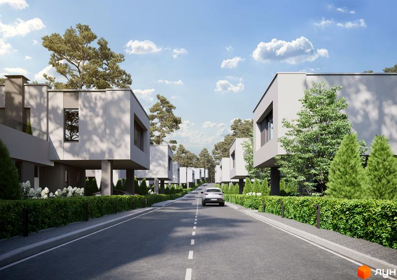 Котеджне містечко КМ Inwood: сучасні будинки з великими вікнами та доглянутою зеленою територією. Асфальтована дорога веде до будинків, оточених кущами та деревами.