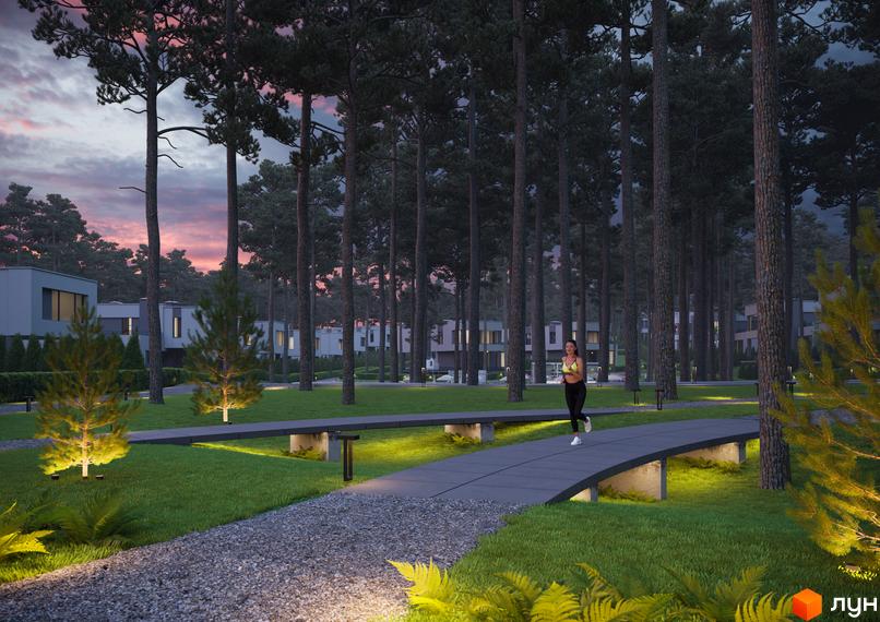 Котеджне містечко Inwood: сучасні будинки серед соснового лісу з освітленою зоною для пробіжок. Відкрийте для себе комфортне життя на природі.