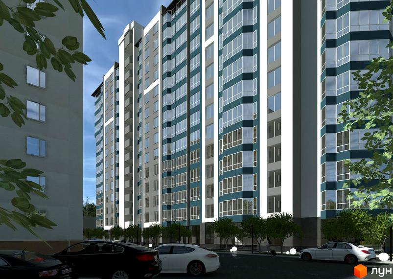 Зовнішній вигляд житлового комплексу на вулиці Гоголя, 204, з фасадами, оздобленими темно-синіми та сірими панелями, та прибудинковою територією з деревами та автомобілями.