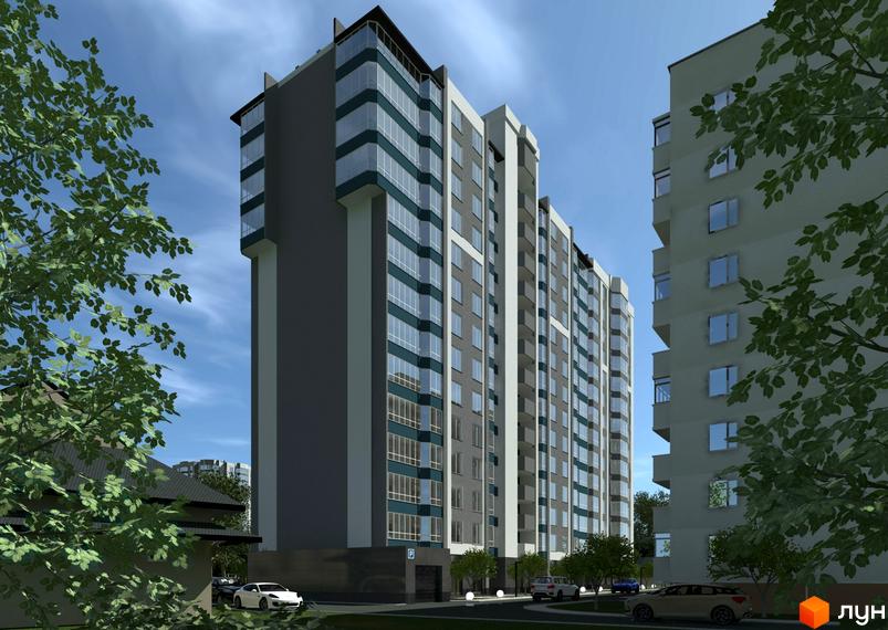 Зовнішній вигляд житлового комплексу на вул. Гоголя, 204, з автомобілями на прибудинковій території та деревами.