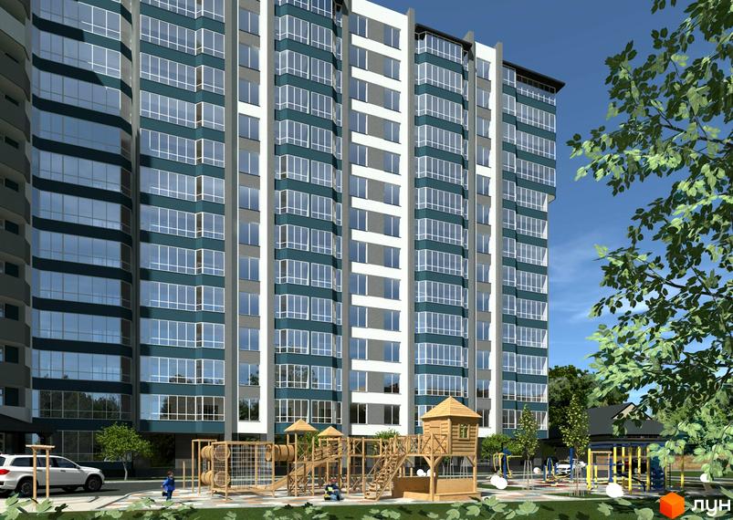 Фасад житлового комплексу на вул. Гоголя, 204, з великою кількістю вікон та дитячим майданчиком на прибудинковій території.