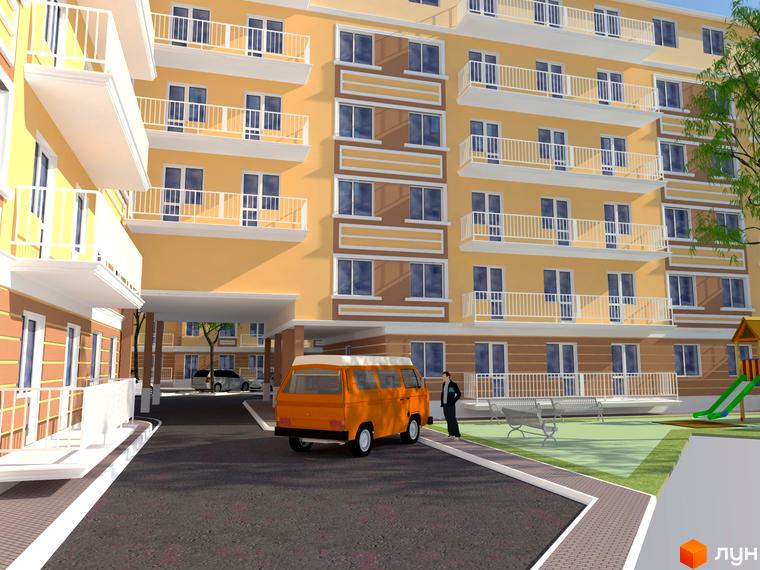 Зовнішній вигляд новобудови ЖК Новий Люстдорф з балконами та вікнами. На прибудинковій території розташовані лавки та дитячий майданчик з гіркою.