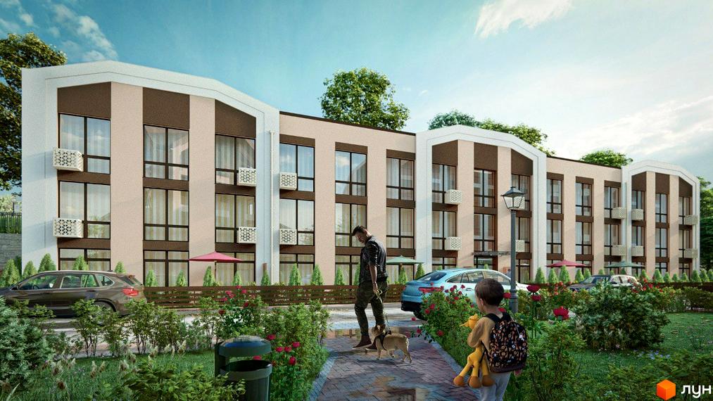 Зовнішній вигляд житлового комплексу Petrivsky Residence з фасадом у світлих тонах та темними акцентами, вікнами та кондиціонерами. Прибудинкова територія з доріжками, зеленими насадженнями та автомобілями.