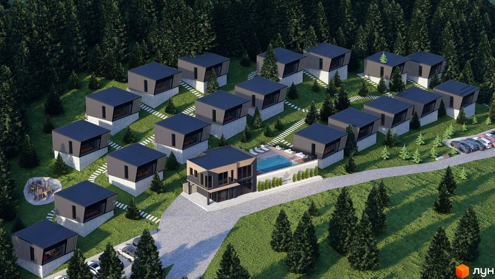 Котеджне містечко Моріон: сучасні будинки з темними дахами та великими вікнами на схилі гори, поруч басейн та парковка.