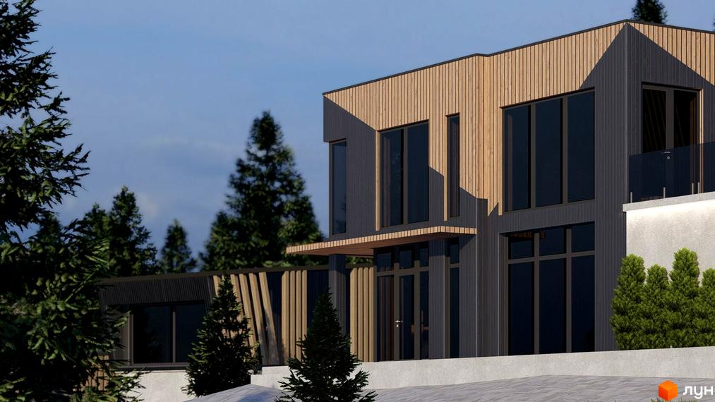 Зовнішній вигляд двоповерхового будинку з великими вікнами та дерев'яним оздобленням фасаду, оточеного ялинами. Навколо будинку розташована прибудинкова територія з елементами ландшафтного дизайну.