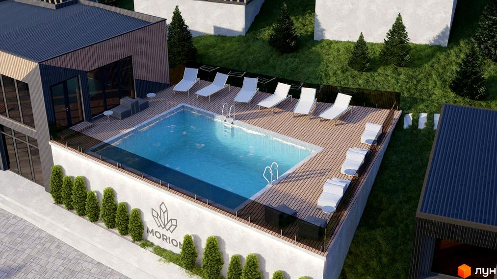 Котеджне містечко Моріон з басейном та шезлонгами на дерев'яній терасі. Навколо басейну зелена зона з деревами та сучасна архітектура будівель.