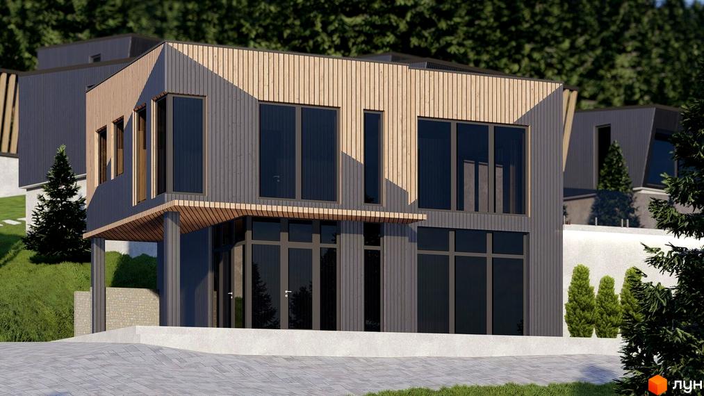 Котеджне містечко Моріон: фасади будівель з дерев'яною та сірою обробкою, великі вікна, вхідна група, прибудинкова територія з газоном та деревами.