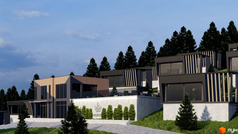 Котеджне містечко Моріон - це комплекс будинків з панорамними вікнами та дерев'яними елементами фасаду, розташований серед ялинок на схилі пагорба.