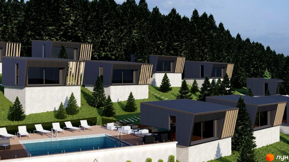 Котеджне містечко Моріон: сучасні будинки на схилі гори з басейном та зоною відпочинку. Навколо зелені насадження та хвойні дерева.