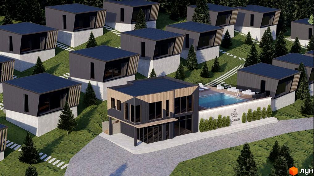 Котеджне містечко Моріон: сучасні будинки з панорамними вікнами на схилі пагорба, з басейном та зоною відпочинку.
