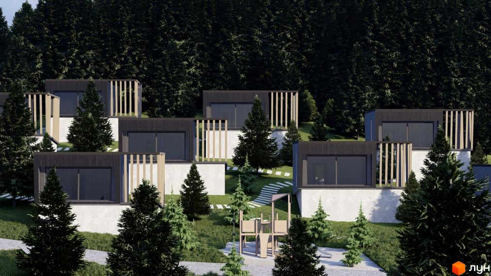 Котеджне містечко КМ Моріон: сучасні будинки з дерев'яними елементами на схилі гори, оточені хвойним лісом. Територія комплексу облаштована стежками та дитячим майданчиком.