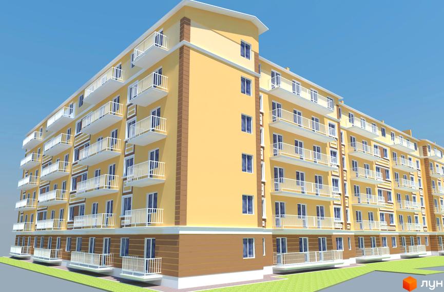 Зовнішній вигляд жовтого багатоквартирного будинку з білими балконами. Прибудинкова територія з зеленим газоном.