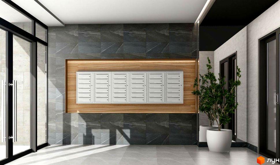 Вхідна група ЖК Науковий з поштовими скриньками та рослинами в горщиках. Світлий хол з великими вікнами та скляними дверима.