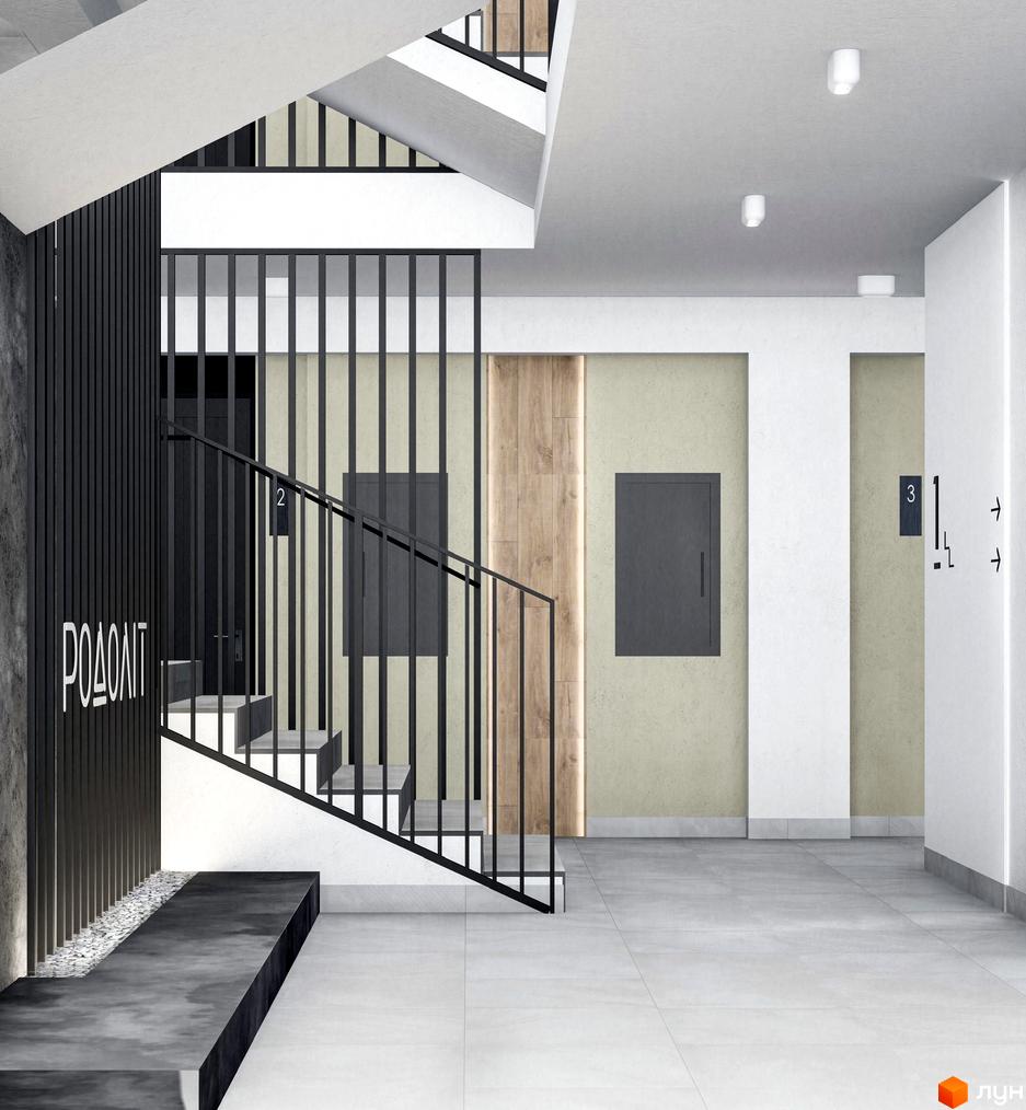 Інтер'єр холу в будинку з бетонними сходами, металевими перилами та декоративними панелями на стінах. На стіні видно напис «РОДОАІТ».