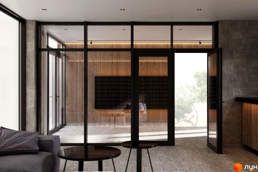 Інтер'єр лобі Житлового комплексу Янтарний з поштовими скриньками та скляними дверима. Вигляд на прибудинкову територію.