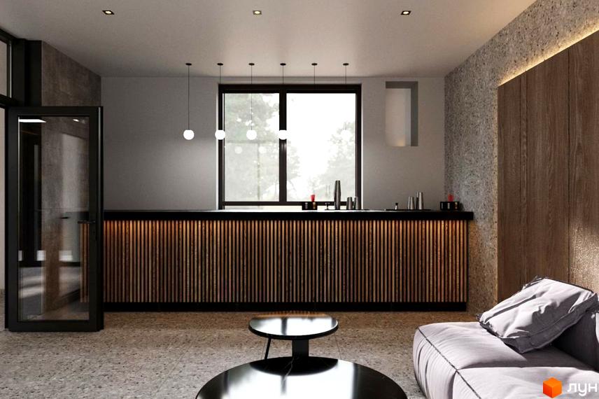 Інтер'єр кімнати з барною стійкою та диваном у Житловому комплексі Янтарний. Вигляд кімнати з меблями та освітленням.