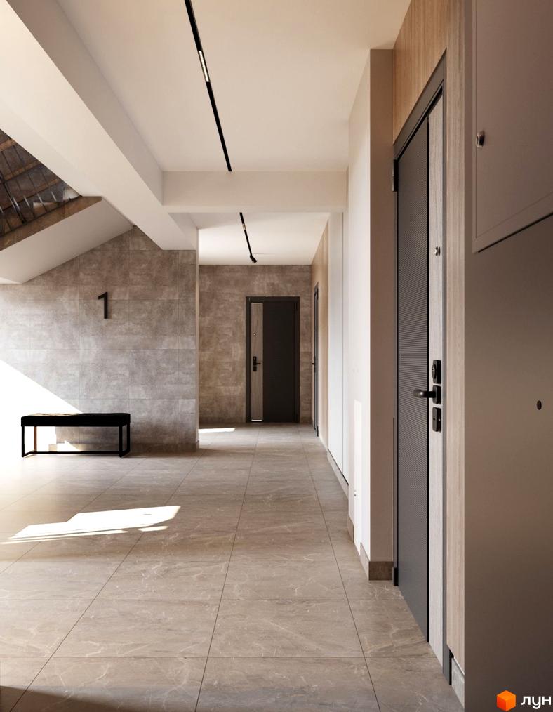 Інтер'єр холу Житлового комплексу Янтарний з дверима та лавкою. Вигляд внутрішнього оздоблення вхідної групи та коридору.