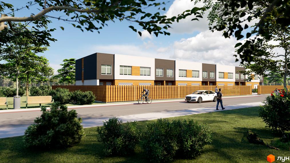 Таунхауси Forest House з дерев'яним парканом та зеленими насадженнями. Сучасний житловий комплекс з паркуванням та пішохідною зоною.