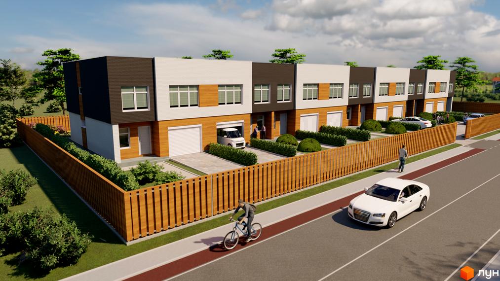 Таунхауси Forest House – це двоповерхові будинки з білою та коричневою обшивкою, дерев'яними вставками та гаражами. Територія огороджена дерев'яним парканом, є зелені насадження та доріжки.