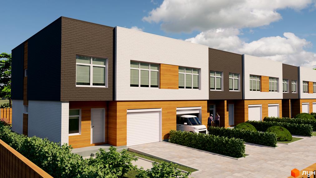 Таунхауси Forest House з цегляним фасадом та дерев'яними елементами, з гаражами та доглянутим ландшафтом.