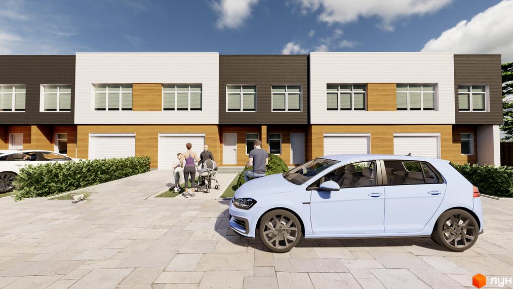 Таунхауси Forest House з білою та коричневою цегляною обробкою, дерев'яними вставками та гаражними воротами. Прибудинкова територія з бруківкою, кущами та автомобілем.