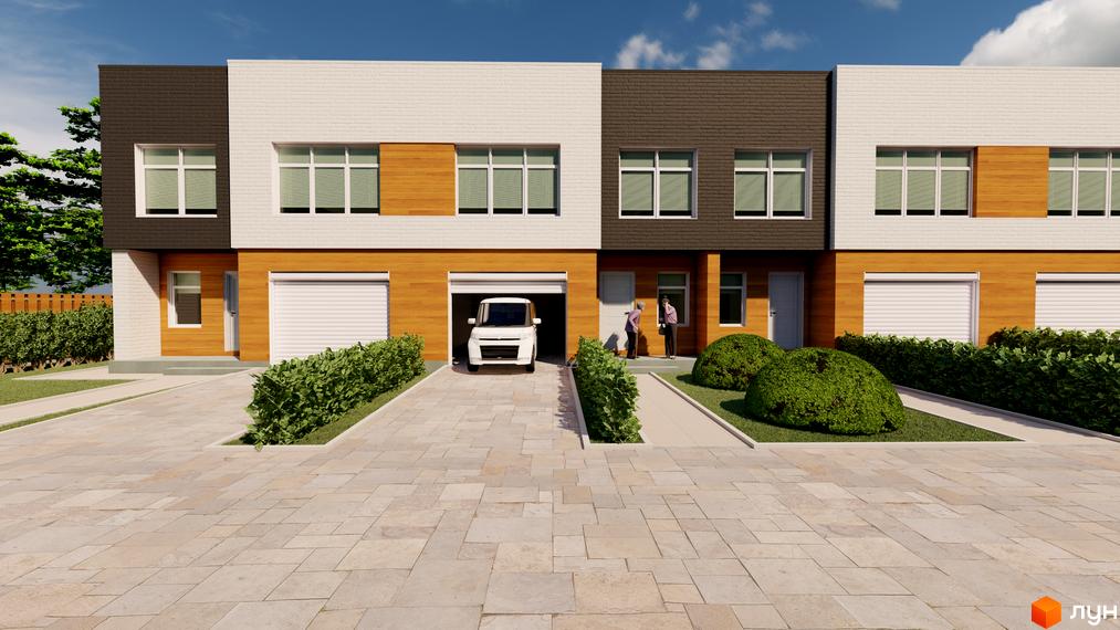 Таунхауси Forest House з білою та коричневою цегляною обробкою, дерев'яними вставками та гаражними воротами. Прибудинкова територія з доглянутими кущами та бруківкою.