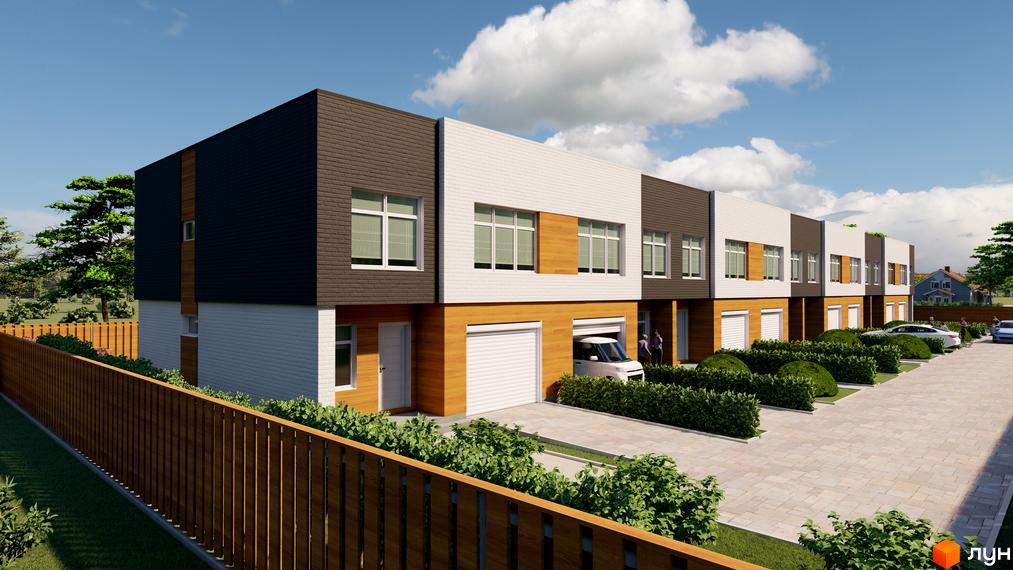 Таунхауси Forest House з цегляним фасадом та гаражами, упорядкована прибудинкова територія з газоном та паркомісцями.