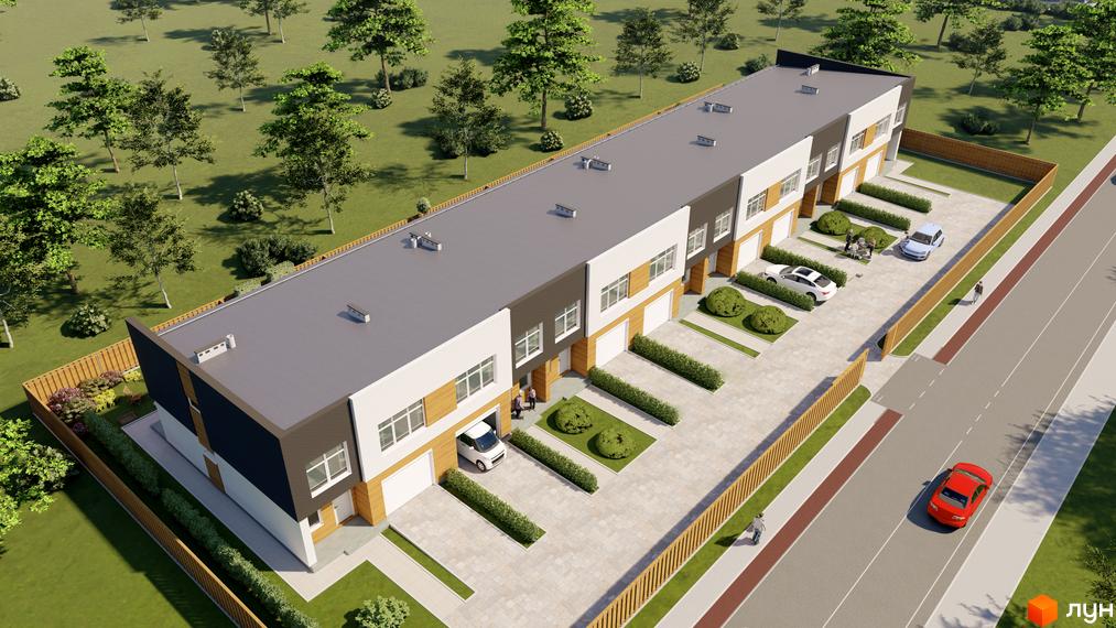 Зовнішній вигляд таунхаусів Forest House з гаражами та прибудинковою територією, що включає зелені насадження та паркувальні місця.