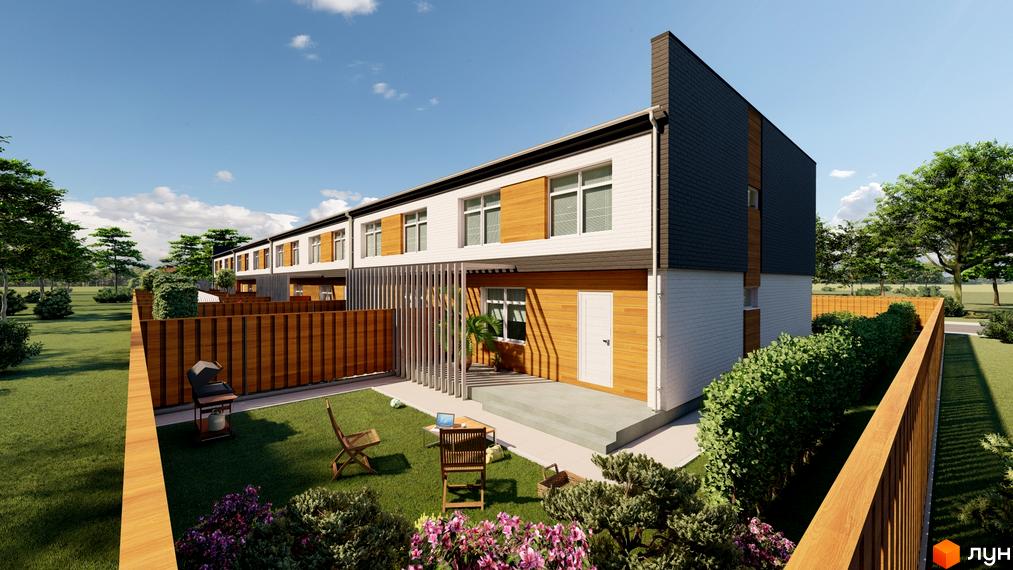 Таунхауси Forest House з білою цегляною фасадною частиною та дерев'яними вставками, з огородженою прибудинковою територією з газоном та місцями для відпочинку.