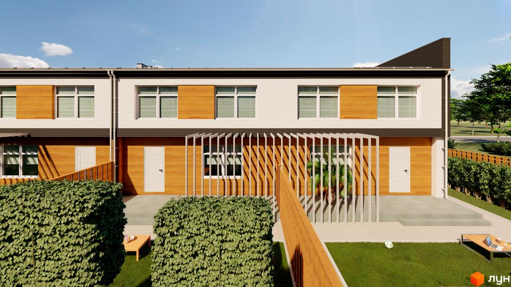 Таунхауси Forest House з дерев'яним оздобленням фасаду та доглянутою прибудинковою територією з кущами та газоном. Зовнішній вигляд будинку виглядає акуратно та привабливо.